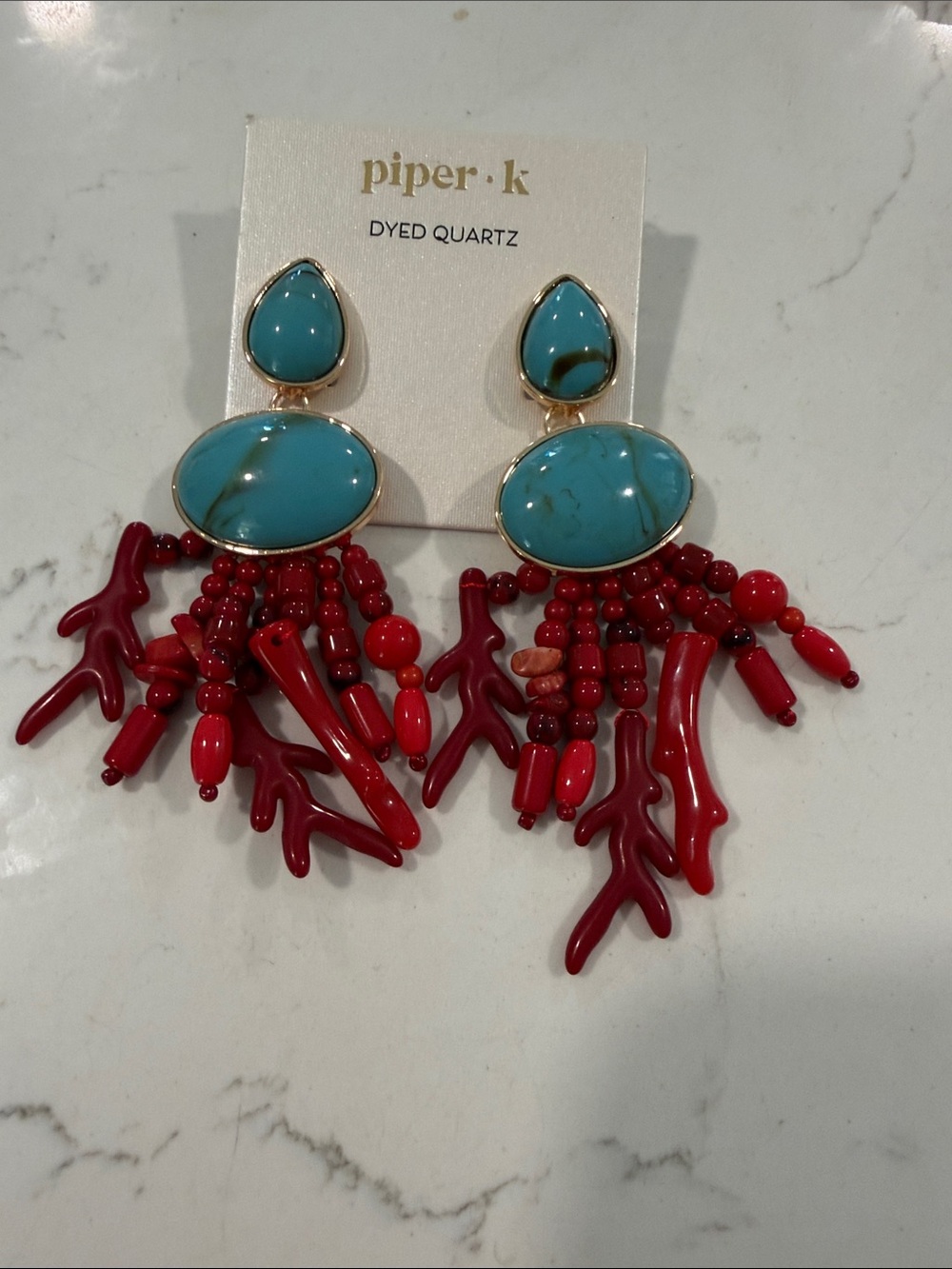 Piper Turquoise Teardrop and Red Coral Fringe Earrings